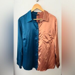 Vici Teal and Copper Satin Blouse